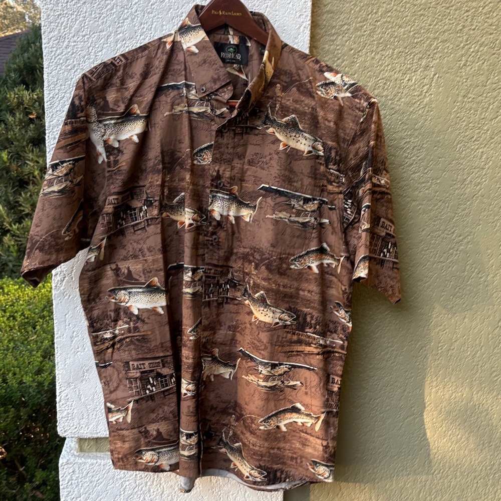 Red Head Brown Fish Pattern Shirt